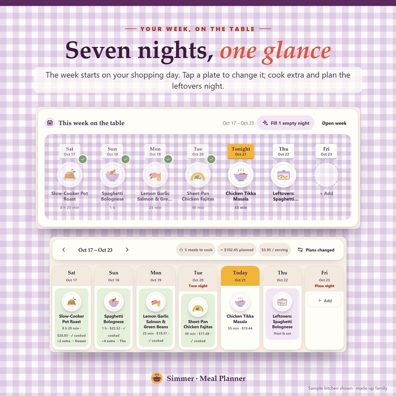 May include: A digital meal planner interface titled Your Week, On The Table, Seven nights, one glance. It displays two weekly calendar views with meal icons, dates, and dish names like Slow-Cooker Pot Roast and Chicken Tikka Masala.