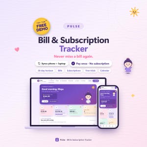 May include: A digital Bill & Subscription Tracker interface displayed on a laptop and smartphone. The purple-themed dashboard shows financial summaries, upcoming bills, and subscription details with icons and text labels for tracking.