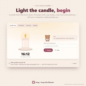 May include: A digital interface titled The Focus Room featuring a candle timer, Pomodoro, tea timer, and breathe options. A central candle graphic displays 16:12 with the text The candle is burning, alongside a bear character named Bao.