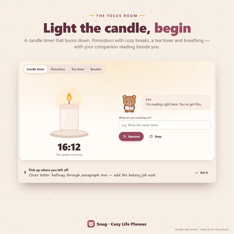 May include: A digital interface titled The Focus Room featuring a candle timer, Pomodoro, tea timer, and breathe options. A central candle graphic displays 16:12 with the text The candle is burning, alongside a bear character named Bao.