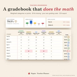 Op de afbeelding: Een digitale cijferlijst-interface voor docenten met de titel A gradebook that does the math. Het toont een klasgemiddelde van 79,5%, een staafdiagram met de cijferspreiding en een gedetailleerd overzicht van de resultaten per leerling.