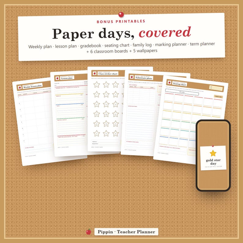 Op de afbeelding: Een set printbare docentenplannerpagina's met een weekplan, lesplan, cijferlijst, zitplan, gezinslogboek en termijnplanner. Een smartphone toont een notitie met de tekst gold star day. Tekst bovenaan: Paper days, covered.
