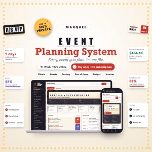May include: A digital event planning system displayed on a laptop and smartphone screen. The interface features dashboards for clients, guests, seating, run of show, budget, and invoices. Text includes "Event Planning System," "Works 100% offline," and "Pay once - No subscription."