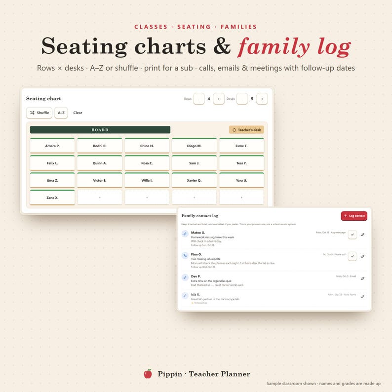 Op de afbeelding: Een digitaal hulpmiddel voor klasbeheer met een interface voor zitplannen, rijen bureaus en een familiecontactlogboek voor het bijhouden van communicatie. De tekst luidt Seating charts & family log, Pippin Teacher Planner.