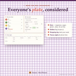 May include: A digital meal planner interface on a light purple gingham background. The text reads Made for real households, Everyone's plate, considered, and Simmer Meal Planner. It displays sections for family members, weekly schedules, theme nights, and dietary preferences.