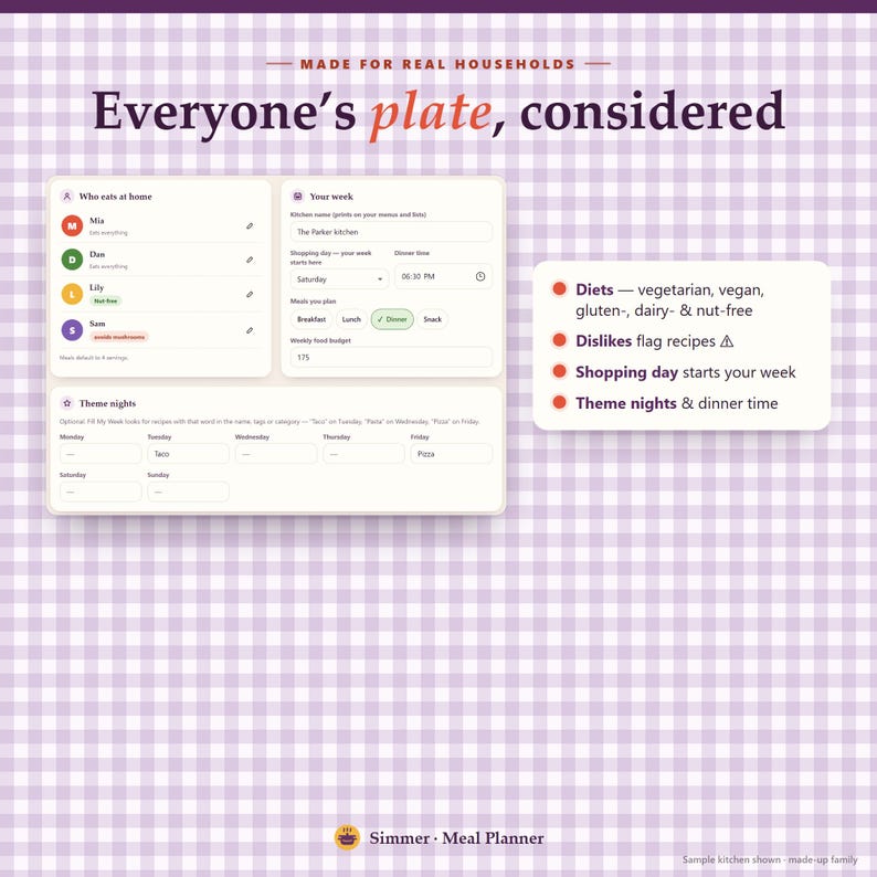 May include: A digital meal planner interface on a light purple gingham background. The text reads Made for real households, Everyone's plate, considered, and Simmer Meal Planner. It displays sections for family members, weekly schedules, theme nights, and dietary preferences.