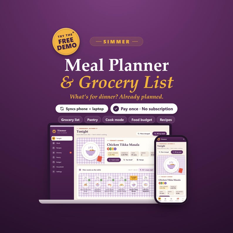 May include: A digital meal planner and grocery list application displayed on a laptop and smartphone screen. The interface features a purple theme with text including Simmer, Meal Planner & Grocery List, and What's for dinner? Already planned.