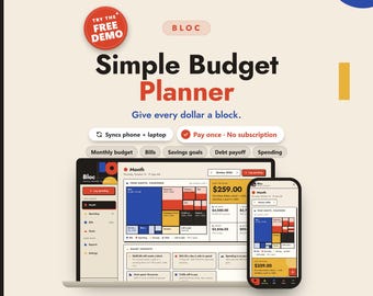 May include: A digital budget planner interface titled Bloc Simple Budget Planner with the tagline Give every dollar a block. The display shows a laptop and smartphone screen featuring colorful financial charts, monthly budget, bills, savings goals, debt payoff, and spending categories.