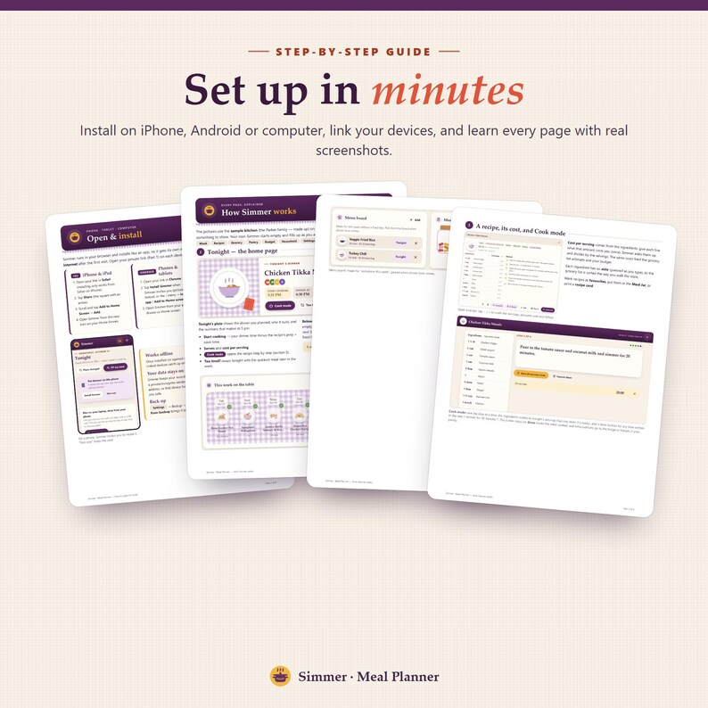 May include: A step-by-step guide for the Simmer meal planner app, featuring four white pages with purple headers. The text includes instructions for installation on iPhone, Android, or computer, and explains how the app works with screenshots.