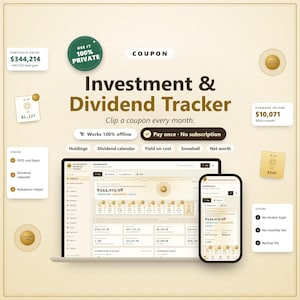 May include: An Investment & Dividend Tracker digital tool displayed on a laptop and smartphone screen. Features include portfolio value, forward income, dividend calendar, and net worth tracking with a pay once, no subscription model.