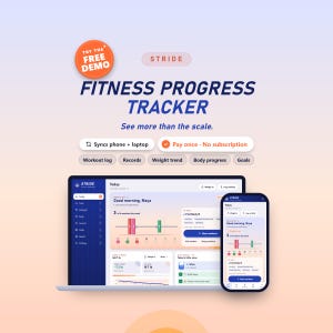 May include: A digital fitness progress tracker software interface displayed on a laptop and smartphone. The screen shows workout logs, weight trends, and body progress metrics with the text Stride Fitness Progress Tracker.