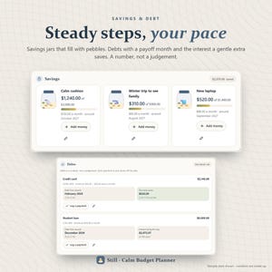 May include: A digital budget planner interface titled Savings & Debt. It displays savings jars with pebble graphics for goals like Calm cushion and New laptop, alongside a debt tracker for credit cards and student loans with payment logs.