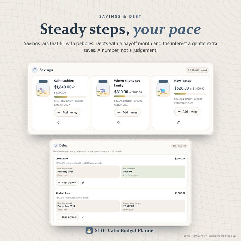 May include: A digital budget planner interface titled Savings & Debt. It displays savings jars with pebble graphics for goals like Calm cushion and New laptop, alongside a debt tracker for credit cards and student loans with payment logs.