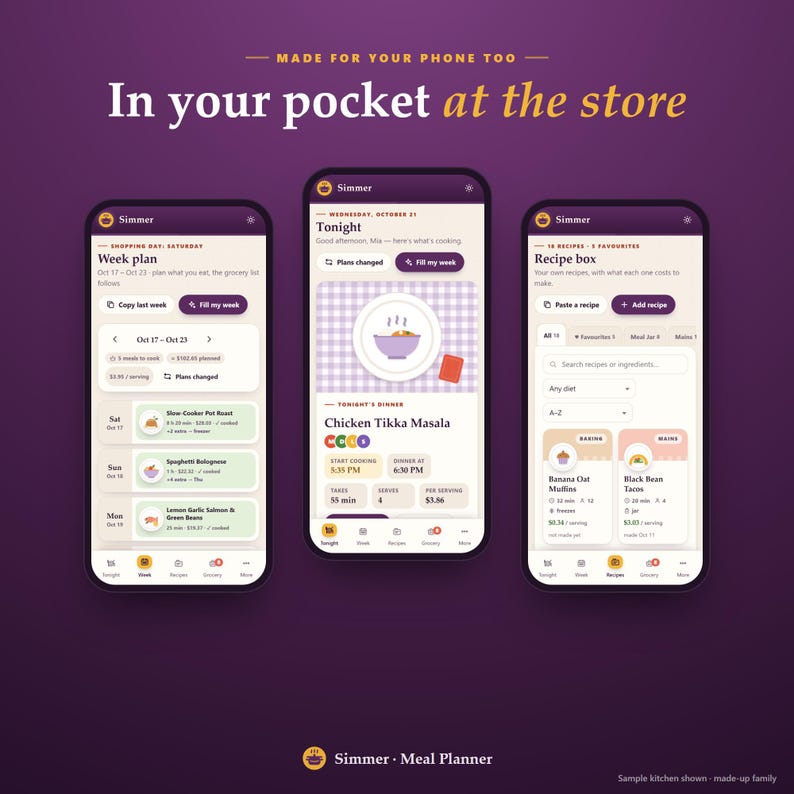 May include: Three smartphones displaying the Simmer meal planner app interface against a dark purple background. The screens show a weekly meal plan, a daily dinner view with Chicken Tikka Masala, and a recipe box with various meal options.
