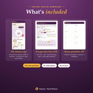 May include: A digital meal planner set featuring the Simmer app interface, a 15-page Start Here PDF guide, and a bonus printables ZIP file. The display includes text labels for each component, plus buttons stating One-time purchase, No subscription, and No account.