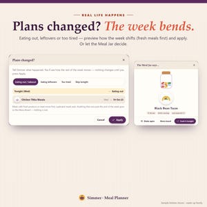 May include: A digital interface for a meal planning application titled Simmer. The screen displays two pop-up windows: one for adjusting weekly meal plans with options like Eating out, and another titled The Meal Jar showing Black Bean Tacos.
