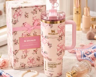 Pink Coquette 40oz Tumbler with Handle Insulated Travel Mug Floral Cup for Women Straw Tumbler Gift for Her