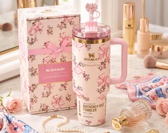 Floral Stanley Style 40oz Tumbler with Handle, Pink Coquette Quencher Cup, Insulated Travel Mug for Women