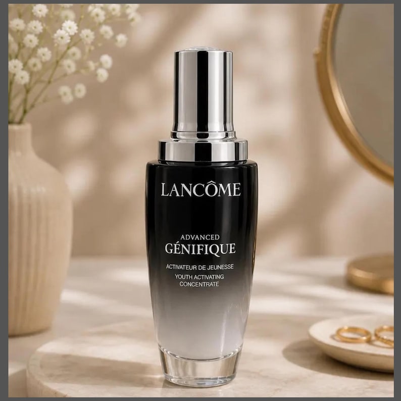 May include: A black and silver Lanc&ocirc;me Advanced G&eacute;nifique Youth Activating Concentrate bottle. The bottle has a gradient design, transitioning from black to clear. The product name and brand are printed in white. The bottle is displayed on a white surface with a vase of white flowers.