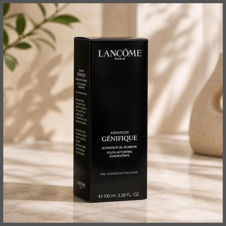 May include: A black box of Lanc&ocirc;me G&eacute;nifique youth activating concentrate. The box has white text that reads "ADVANCED G&Eacute;NIFIQUE" and "ACTIVATEUR DE JEUNESSE YOUTH ACTIVATING CONCENTRATE". The box contains 100 ml or 3.38 fl oz.