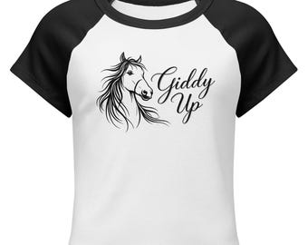 Giddy Up Horse Graphic Tee | Women’s Micro Rib Raglan Baby Tee | Country Western Shirt | Ember Rose & Co.
