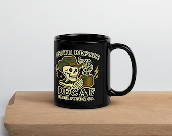 Death Before Decaf Black Glossy Mug | Tattoo Flash Style Coffee Cup | Ember Rose & Co.