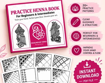 Op de afbeelding: Een henna-oefenboek voor beginners en gevorderden met een omslag met zwart-witte hennapatronen, de tekst "Designed by Vibha Henna Artist" en een raster van twaalf vierkante kaarten met diverse geometrische en florale hennapatronen.