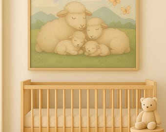 Lámina de la familia del cordero durmiente / Decoración cristiana para habitación infantil (descarga digital)