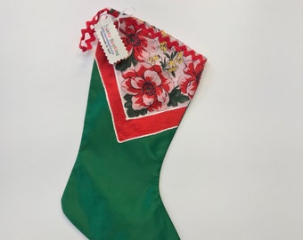 Hanky Holiday Stocking- Green Satin with Floral Vintage Hanky