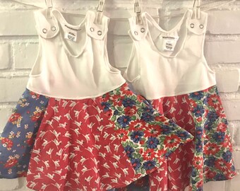 Baby Girl’s Summer Dress, cotton jersey tank top with vintage cotton full circle skirt, red roses, blue flowers, duckies! Cool and comfy!