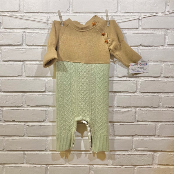 Mint, tan woolen knit onesie for baby. All Cashmere! Snaps through legs-very cozy and warm! Cut from up-cycled sweaters