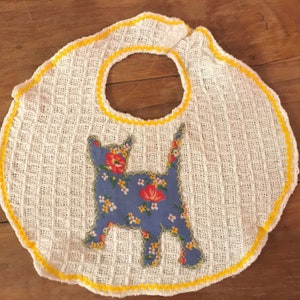 Cool Blue Kitty Bib This kitten appliqué is cut from fun, colorful, vintage fabric. White waffle weave cotton with ric rac edging image 4