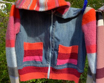 Toddler's Jean Jacket, recycled sweaters and jeans, blue jeans! and stripes. Unisex, upcycled toddler wear