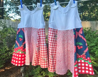 Baby Girl’s Summer Dress, cotton jersey tank top with vintage cotton full circle skirt, Red Gingham, Cherries and Flowers! Cool and comfy!