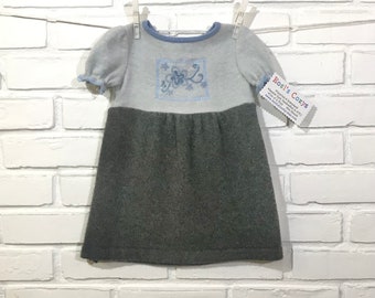 Cashmere grey blue baby dress, 6-12 mos. size, soft and warm, puffy sleeves for baby!