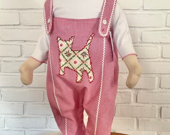 A sweet toddler romper, baby’s pink cotton jumpsuit is appliquéd with a KITTEN of vintage fabric!