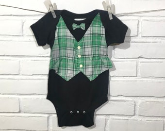 Baby boy onesie, a green plaid vest with bow tie for your baby, size 12 months. For your little leprechaun, instant dress up