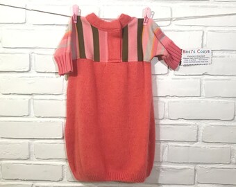 A Soft Baby onesie, Peach angora with a cotton striped yoke. So warm & comfy easy infantwear