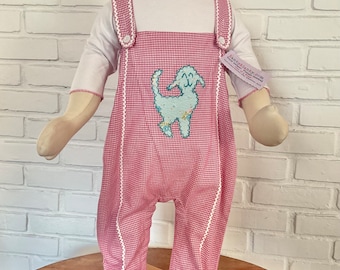 A sweet toddler romper, baby’s pink cotton jumpsuit is appliquéd with a LAMB of aqua vintage fabric!