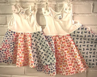 Baby Girl’s Summer Dress, cotton jersey tank top with vintage cotton full circle skirt, butterflies & flowers. Cool and comfy!