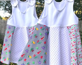 Baby Girl’s Summer Dress, cotton jersey tank top with vintage cotton full circle skirt, red roses, blue flowers, duckies! Cool and comfy!