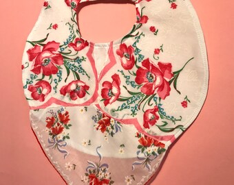 Handkerchief Baby Bib, Floral vintage hankies. pink flowers with blue ribbons. Two cotton vintage Hankies make up this Bib for Baby