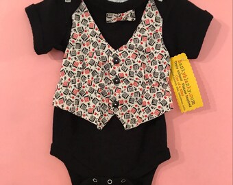 Baby Boy OnePiece, Boy black onesie, Geometric red/black patterned Vest and Bowtie, Toddler onesie, baby boy clothing, sophisticated baby