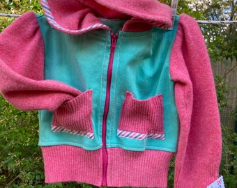 Toddler's Jean Jacket, recycled sweaters and jeans, aqua denim! And pink. Unisex, upcycled toddler wear