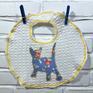 Cool Blue Kitty Bib This kitten appliqué is cut from fun, colorful, vintage fabric. White waffle weave cotton with ric rac edging image 1