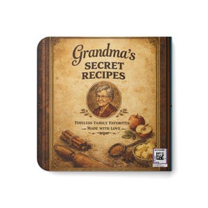 May include: A vintage-style cookbook, "Grandma's Secret Recipes", with a portrait of a woman on the cover. The cover also displays apples, cinnamon sticks, and other baking ingredients. The text reads "Timeless Family Favourites - Made with Love."