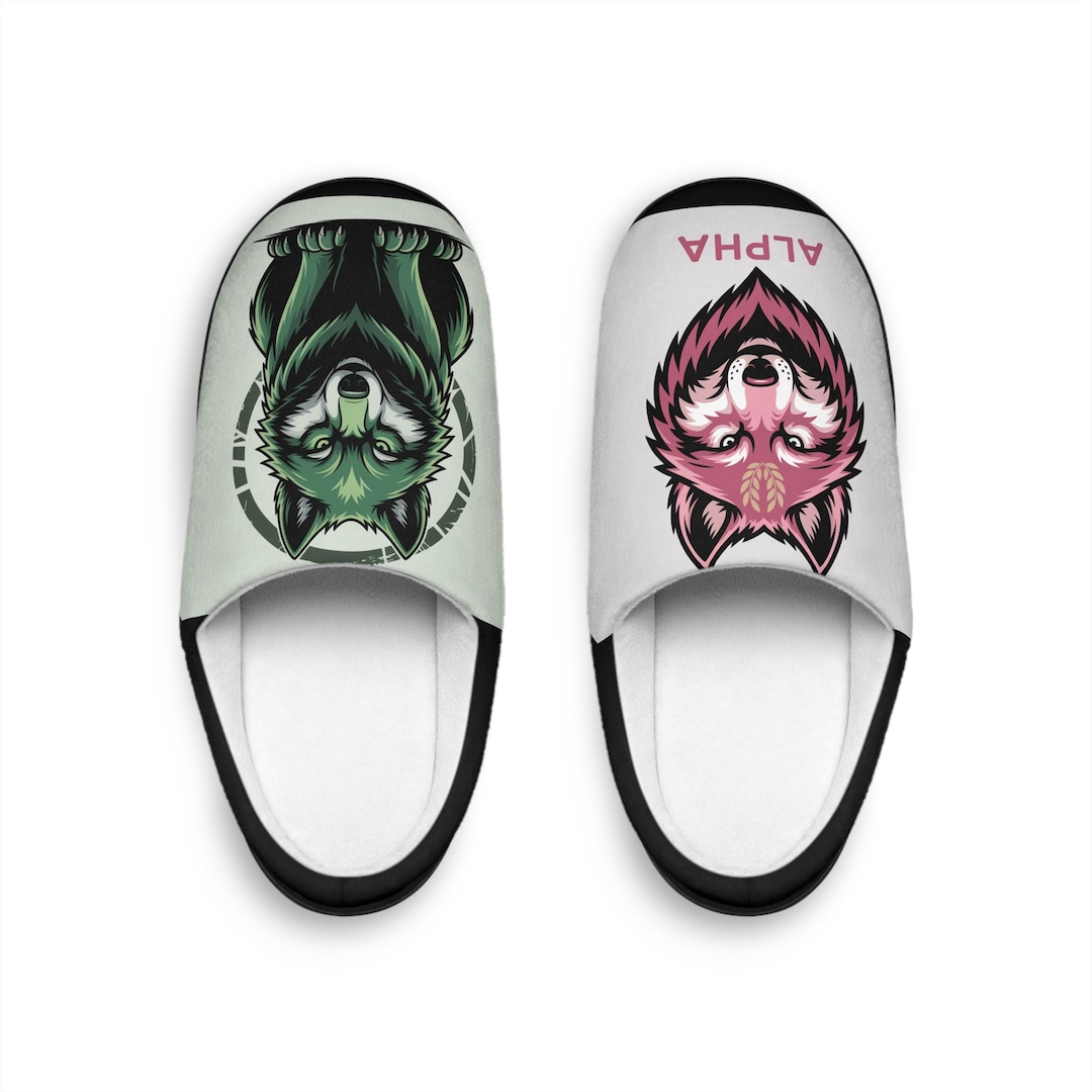 Alpha Wolf Face Slippers | Pink and Green Wolf Illustration Indoor ...