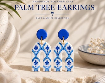 Blue & White Palm Tree Polymer Clay Earrings