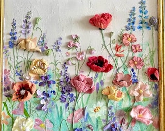 Handmade Sculptural Paste Floral Relief Art, Textured 3D Botanical Painting, Romantic Wall Decor, Original Artwork 29x29cm