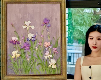 Strukturierte Iris Wandkunst, Skulptur aus Paste, Blumenmalerei, Handgefertigtes 3D-Blumen-Kunstwerk, Originale Botanische Kunst, 72 x 90 cm